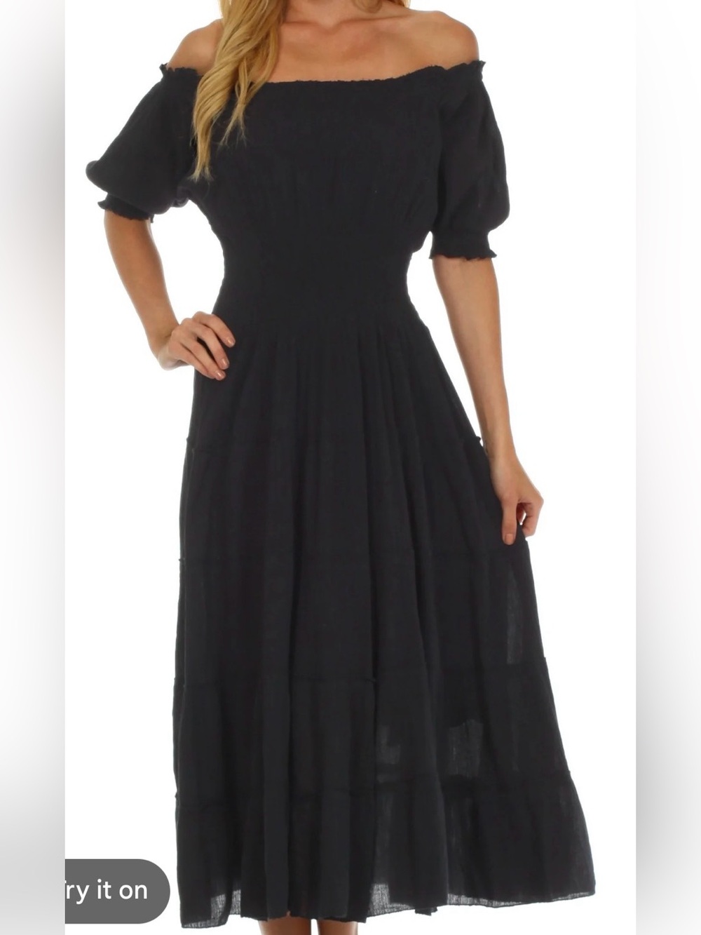 Smocked Off-Shoulder Black Maxi Dress